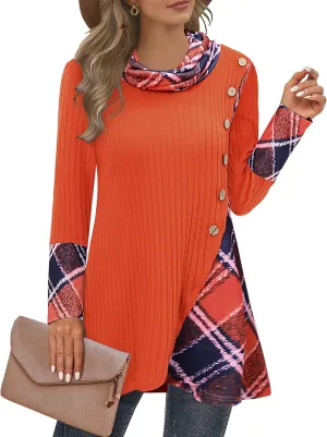 Miusey Women's Cowl Neck Pullover Sweaters Lightweight Long Sleeve Tunic Sweatshirts Asymmetric Hem Knit Sweater
