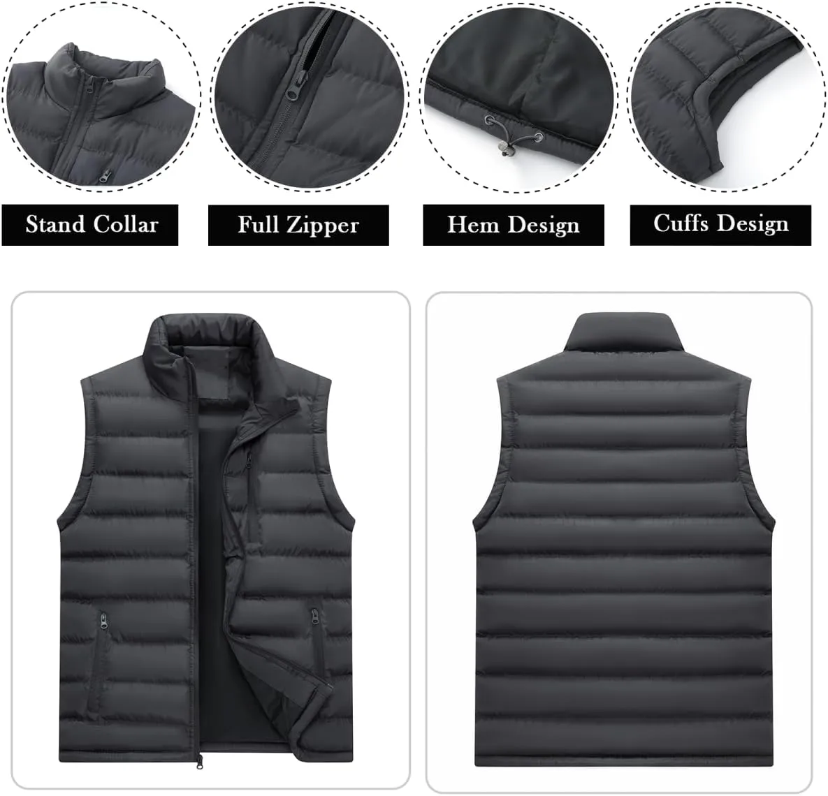 Msmsse Men's Winter Outerwear Vests Puffer Fleece Lined Quilted Vest Casual Sleeveless Jacket
