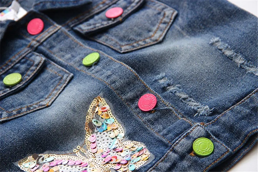 Mud Kingdom Denim Vest for Little Girls Button-Down Sleeveless Outerwear Lapel Retro Ripped