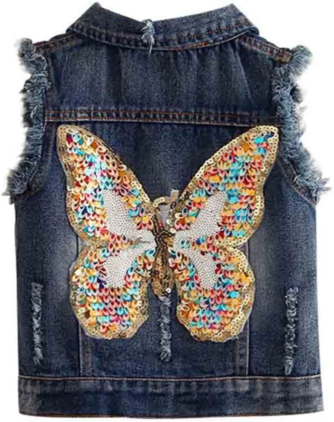 Mud Kingdom Denim Vest for Little Girls Button-Down Sleeveless Outerwear Lapel Retro Ripped