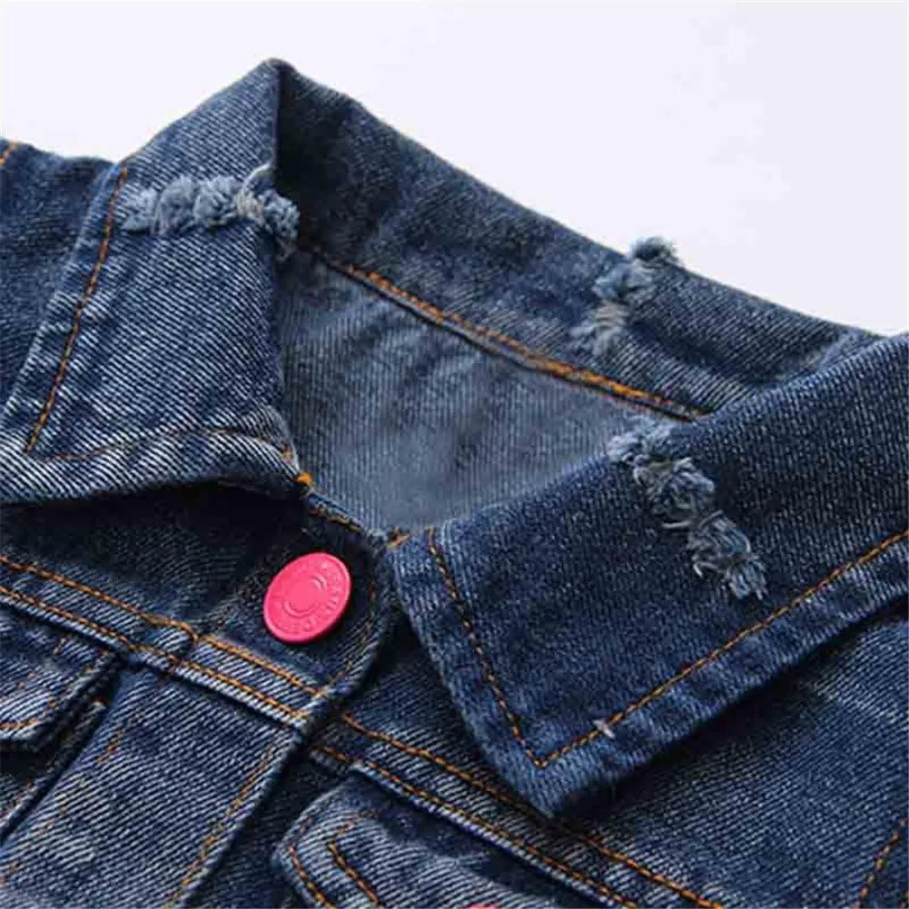 Mud Kingdom Denim Vest for Little Girls Button-Down Sleeveless Outerwear Lapel Retro Ripped