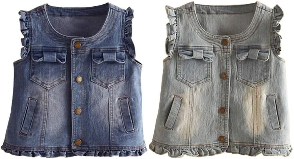 Mud Kingdom Denim Vest for Little Girls Button-Down Sleeveless Outerwear Lapel Retro Ripped