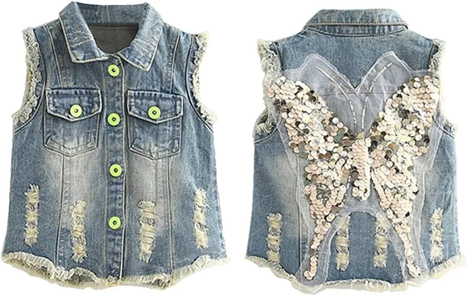 Mud Kingdom Denim Vest for Little Girls Button-Down Sleeveless Outerwear Lapel Retro Ripped