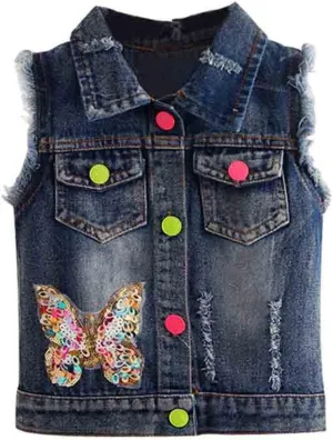 Mud Kingdom Denim Vest for Little Girls Button-Down Sleeveless Outerwear Lapel Retro Ripped