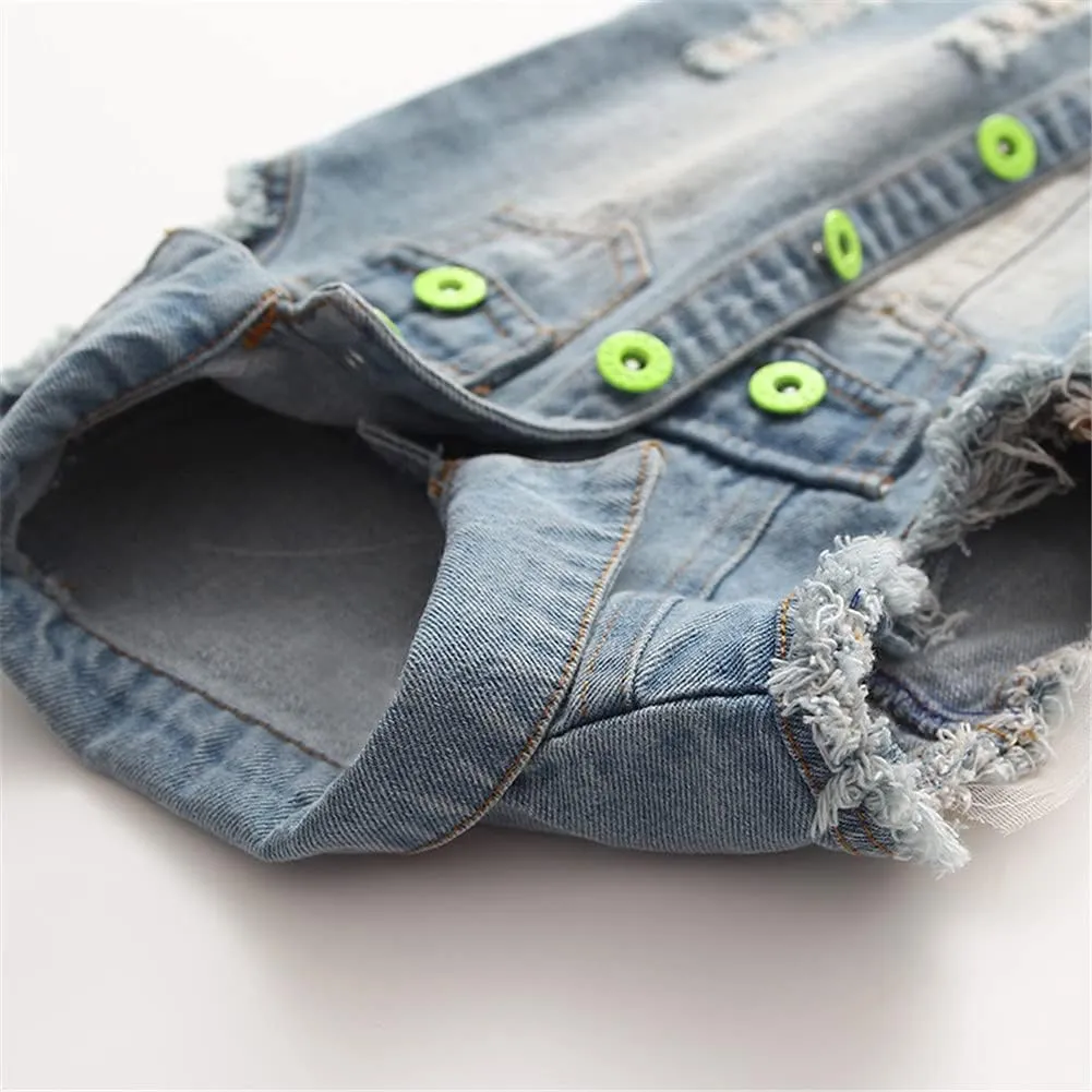 Mud Kingdom Denim Vest for Little Girls Button-Down Sleeveless Outerwear Lapel Retro Ripped