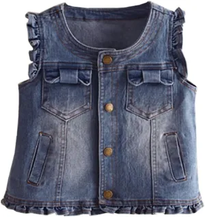 Mud Kingdom Denim Vest for Little Girls Button-Down Sleeveless Outerwear Lapel Retro Ripped