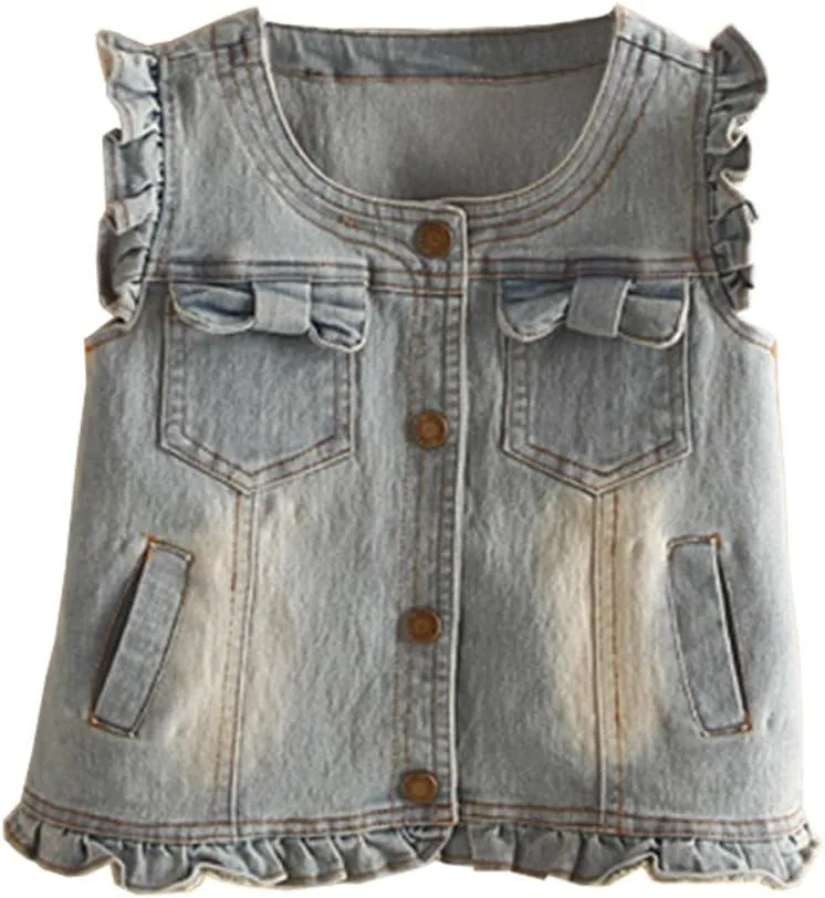 Mud Kingdom Denim Vest for Little Girls Button-Down Sleeveless Outerwear Lapel Retro Ripped
