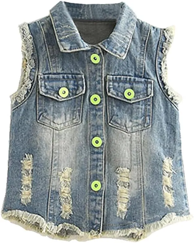 Mud Kingdom Denim Vest for Little Girls Button-Down Sleeveless Outerwear Lapel Retro Ripped
