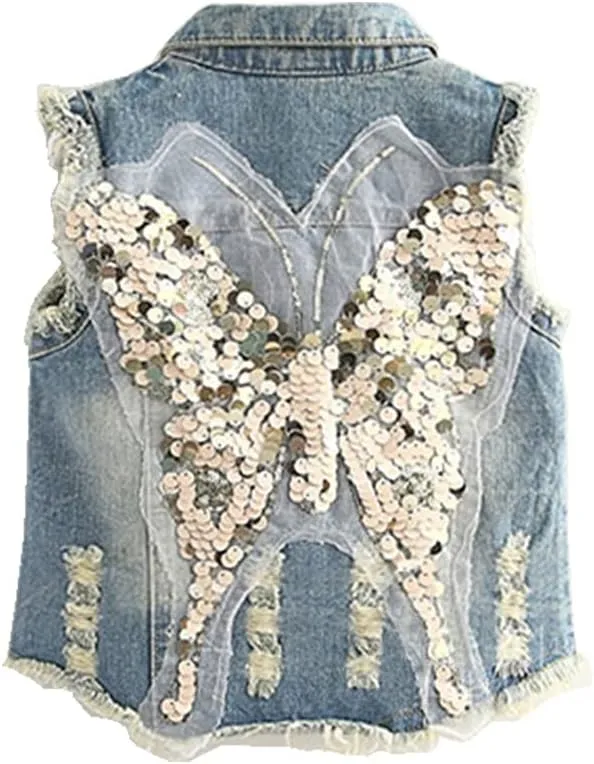 Mud Kingdom Denim Vest for Little Girls Button-Down Sleeveless Outerwear Lapel Retro Ripped