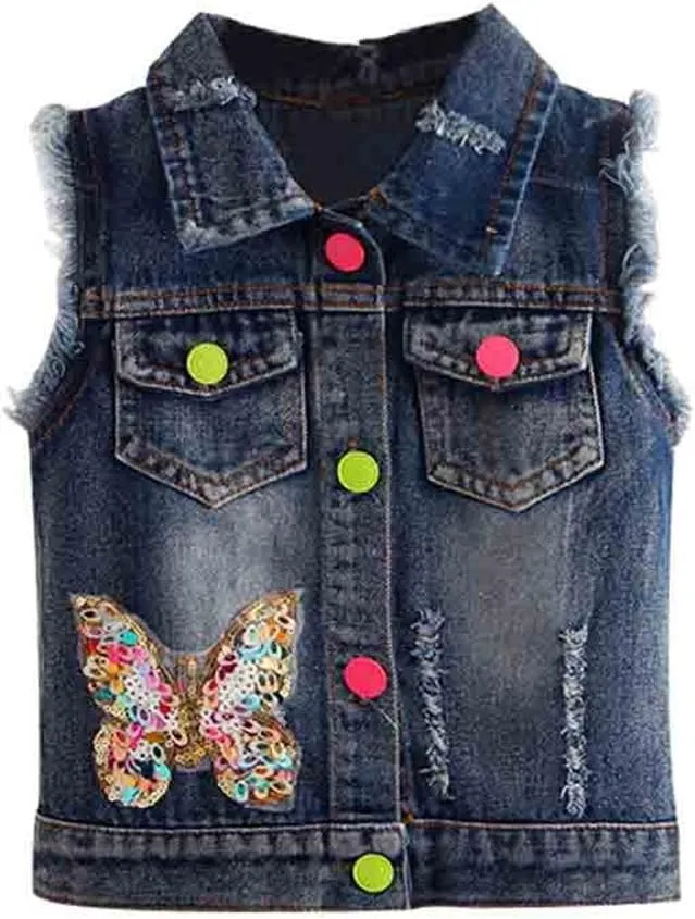 Mud Kingdom Denim Vest for Little Girls Button-Down Sleeveless Outerwear Lapel Retro Ripped