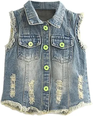 Mud Kingdom Denim Vest for Little Girls Button-Down Sleeveless Outerwear Lapel Retro Ripped