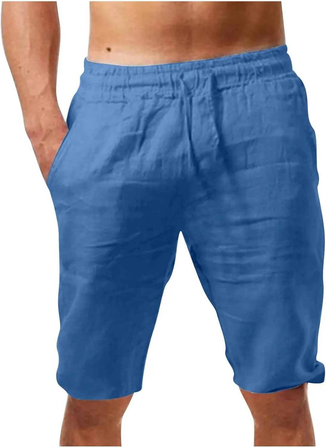 Muscularfit Mens Casual Shorts 11 Inch Inseam Cotton Linen Shorts Drawstring Elastic Waist Shorts Summer Fashion Beach Shorts