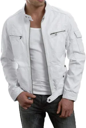 New Fashion Stylish Men's Distress Leather Motorcycle Bomber Biker Outerwear Zipper Black Coat, White, Large