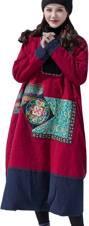 NFYM Women's Winter Warm Cotton Padded Parka Coat Pullover Long Thick Vintage Embroidered Plus Size Loose Outwear