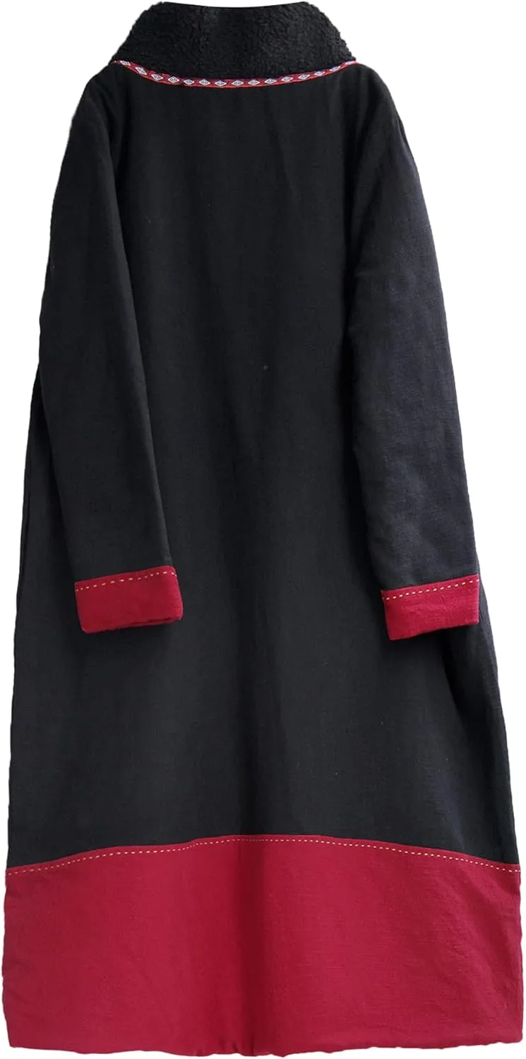 NFYM Women's Winter Warm Cotton Padded Parka Coat Pullover Long Thick Vintage Embroidered Plus Size Loose Outwear