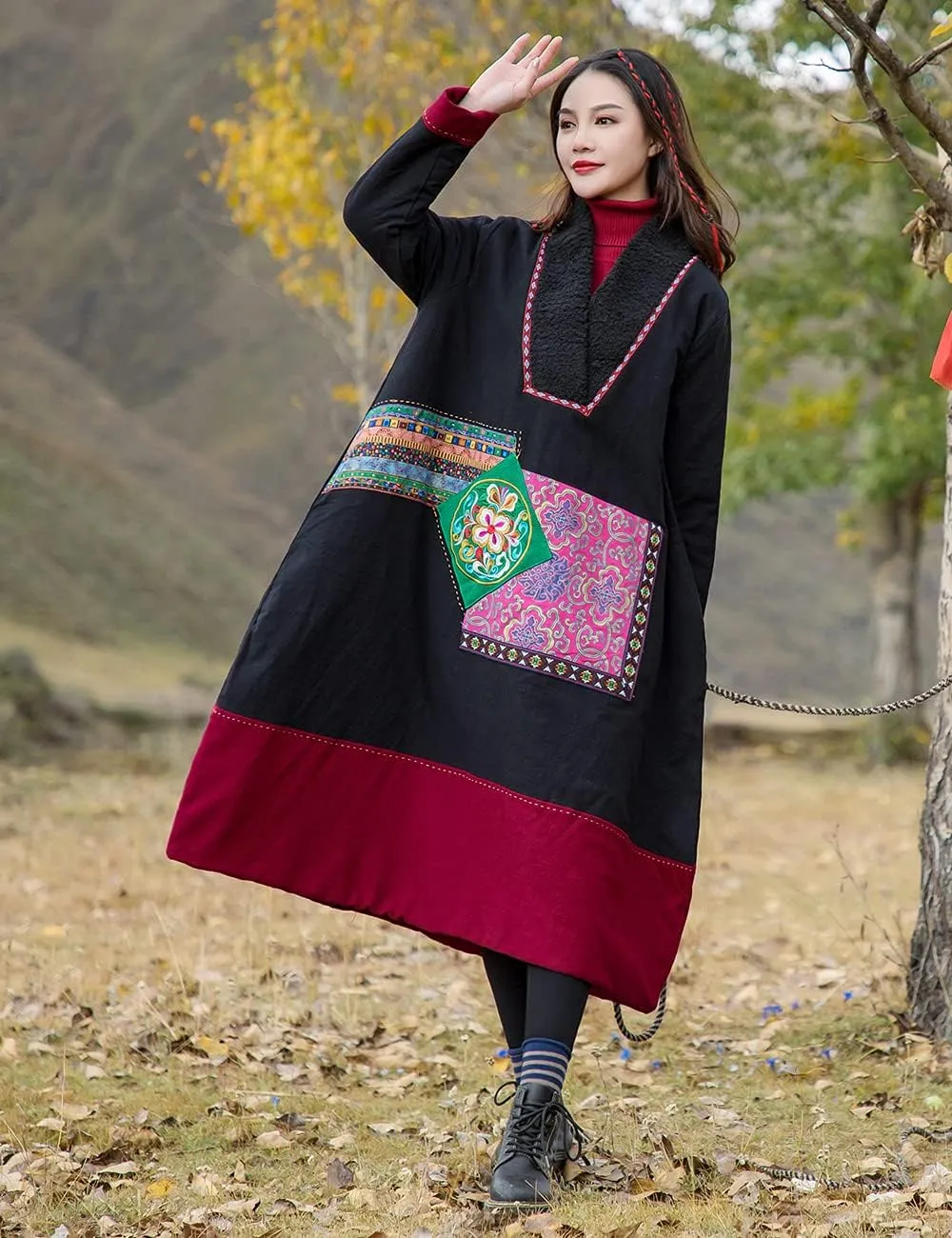 NFYM Women's Winter Warm Cotton Padded Parka Coat Pullover Long Thick Vintage Embroidered Plus Size Loose Outwear