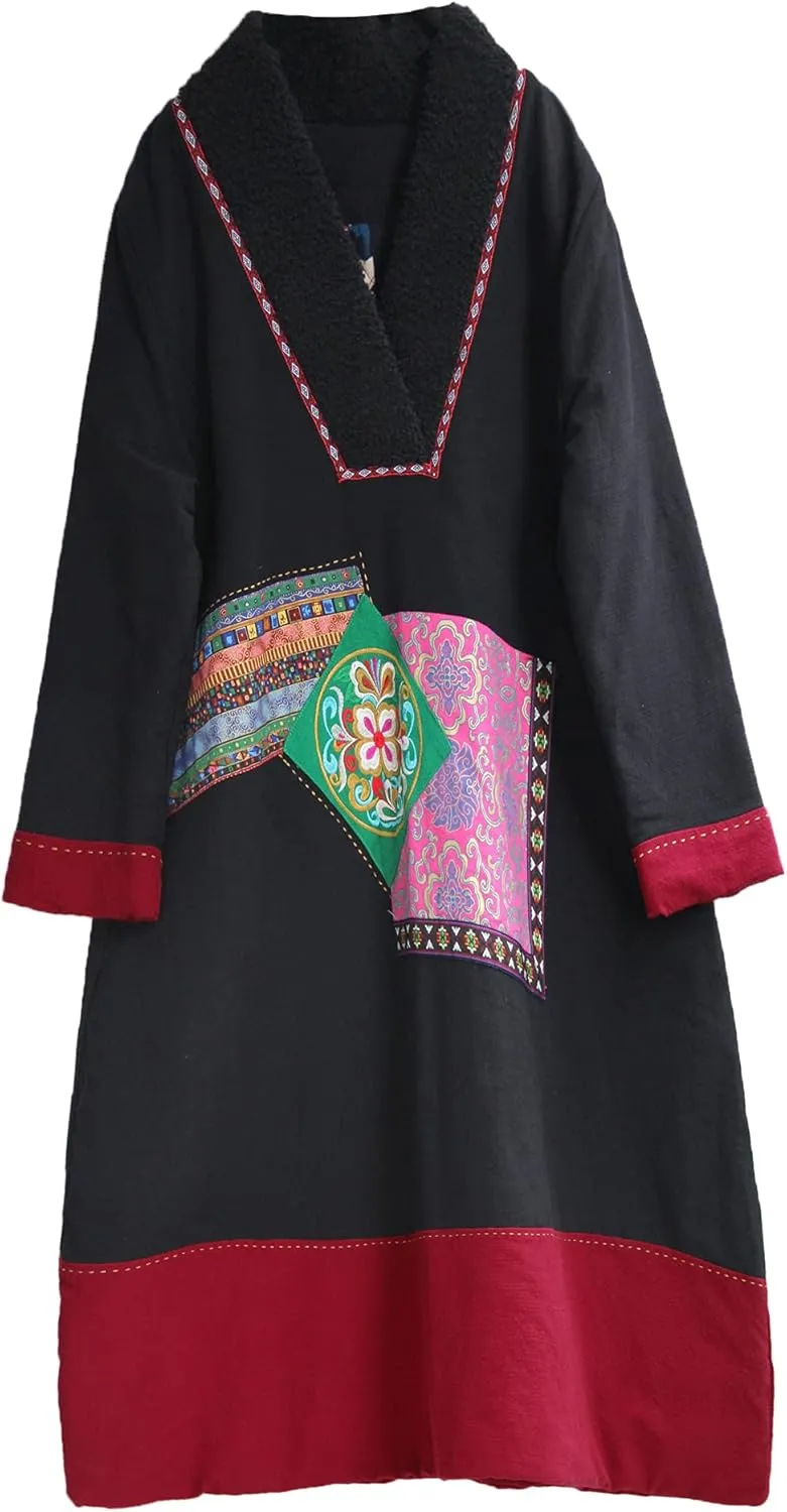 NFYM Women's Winter Warm Cotton Padded Parka Coat Pullover Long Thick Vintage Embroidered Plus Size Loose Outwear