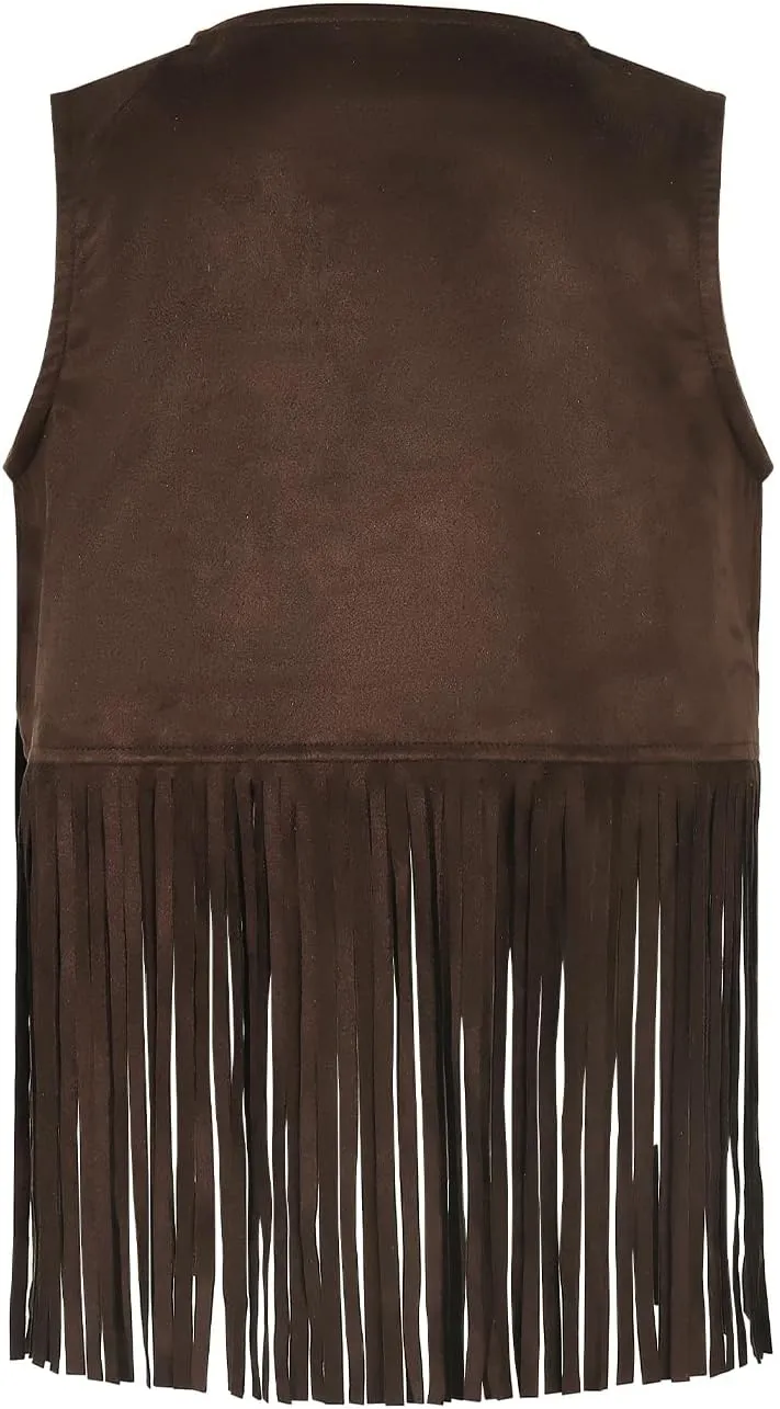 Noomelfish Girls Suede Fringe Vest Sleeveless Boho Tassels Jacket Cardigan (5-12 Years)