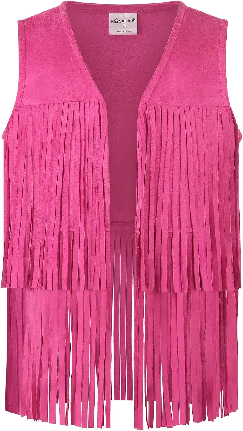 Noomelfish Girls Suede Fringe Vest Sleeveless Boho Tassels Jacket Cardigan (5-12 Years)
