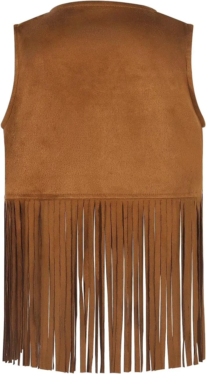 Noomelfish Girls Suede Fringe Vest Sleeveless Boho Tassels Jacket Cardigan (5-12 Years)