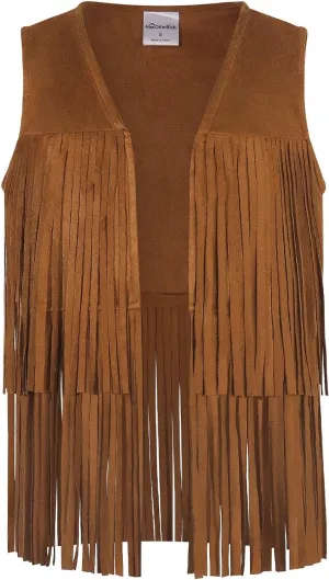 Noomelfish Girls Suede Fringe Vest Sleeveless Boho Tassels Jacket Cardigan (5-12 Years)