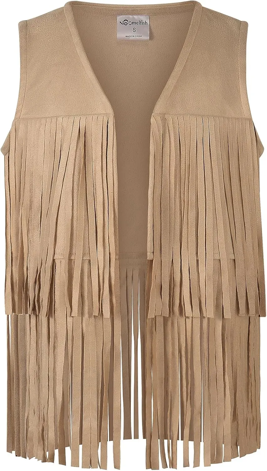 Noomelfish Girls Suede Fringe Vest Sleeveless Boho Tassels Jacket Cardigan (5-12 Years)