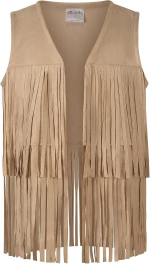 Noomelfish Girls Suede Fringe Vest Sleeveless Boho Tassels Jacket Cardigan (5-12 Years)