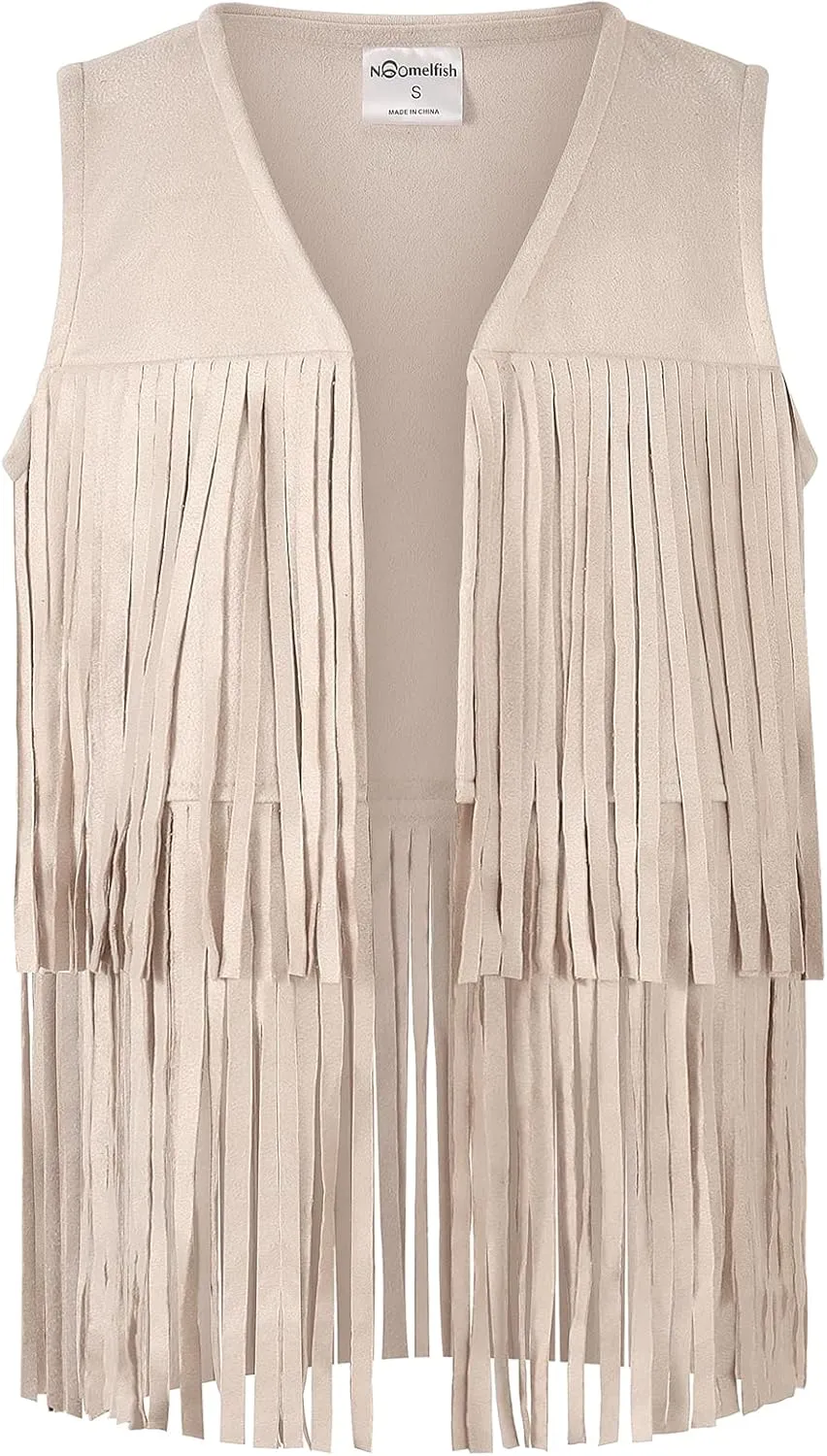 Noomelfish Girls Suede Fringe Vest Sleeveless Boho Tassels Jacket Cardigan (5-12 Years)