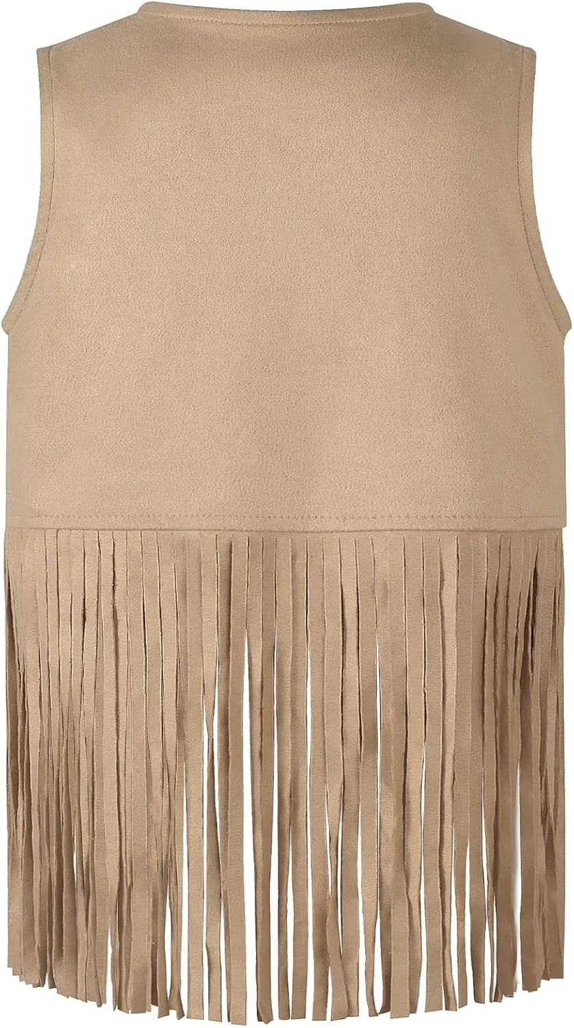 Noomelfish Girls Suede Fringe Vest Sleeveless Boho Tassels Jacket Cardigan (5-12 Years)