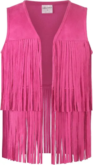 Noomelfish Girls Suede Fringe Vest Sleeveless Boho Tassels Jacket Cardigan (5-12 Years)