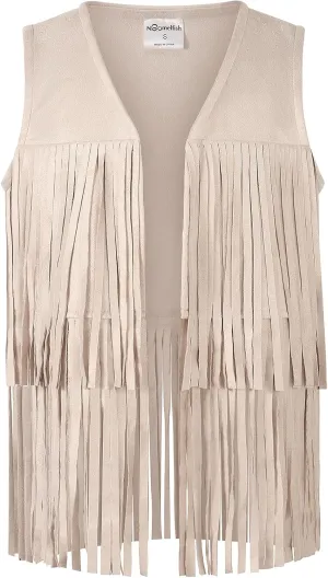 Noomelfish Girls Suede Fringe Vest Sleeveless Boho Tassels Jacket Cardigan (5-12 Years)