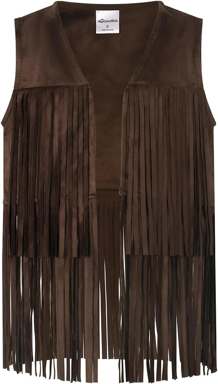Noomelfish Girls Suede Fringe Vest Sleeveless Boho Tassels Jacket Cardigan (5-12 Years)