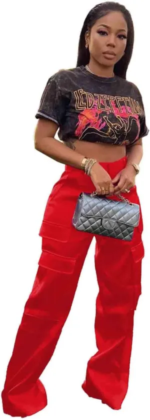 ODIZLI Satin Cargo Pants for Women High Waisted Wide Leg Trousers Multiple Pockets Y2K Streetwear Hip Hop Baggy Pants