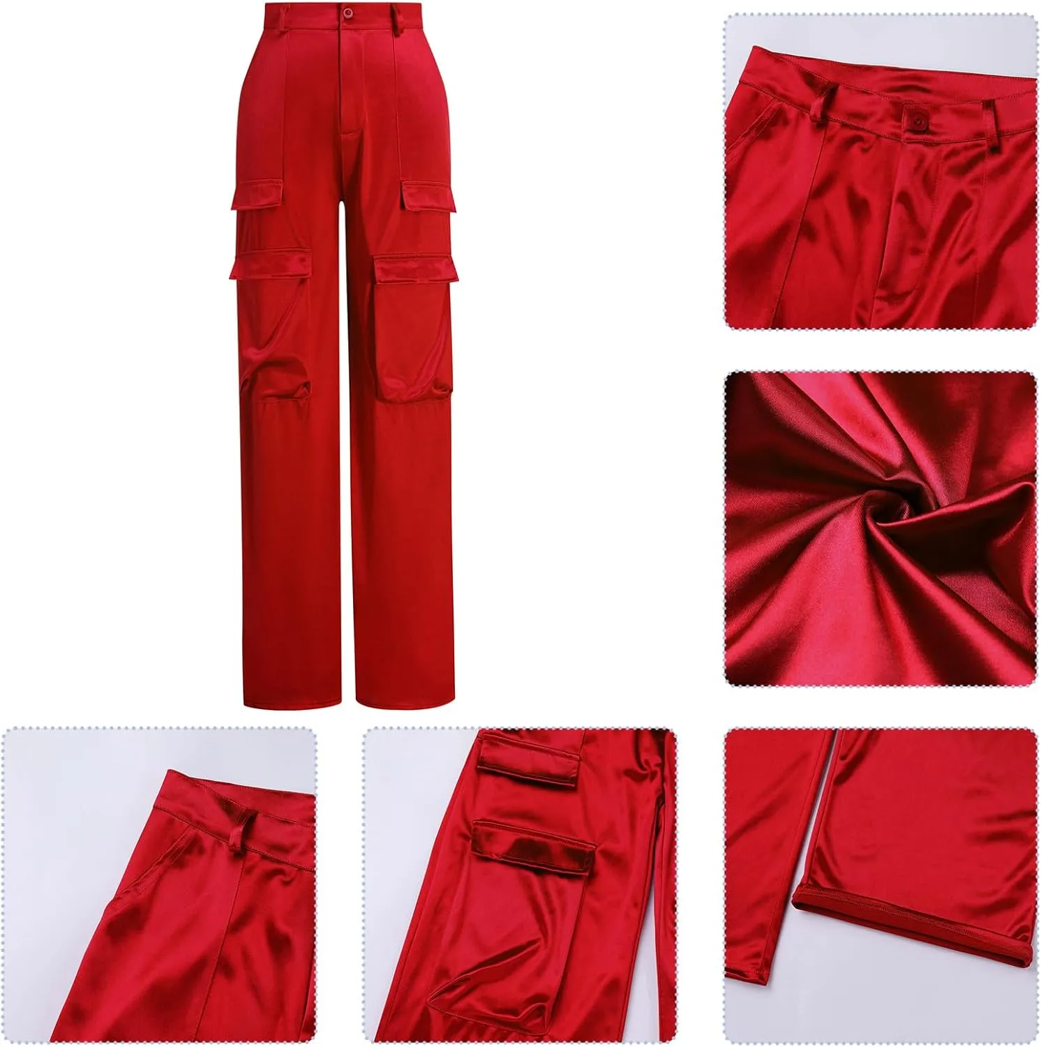 ODIZLI Satin Cargo Pants for Women High Waisted Wide Leg Trousers Multiple Pockets Y2K Streetwear Hip Hop Baggy Pants