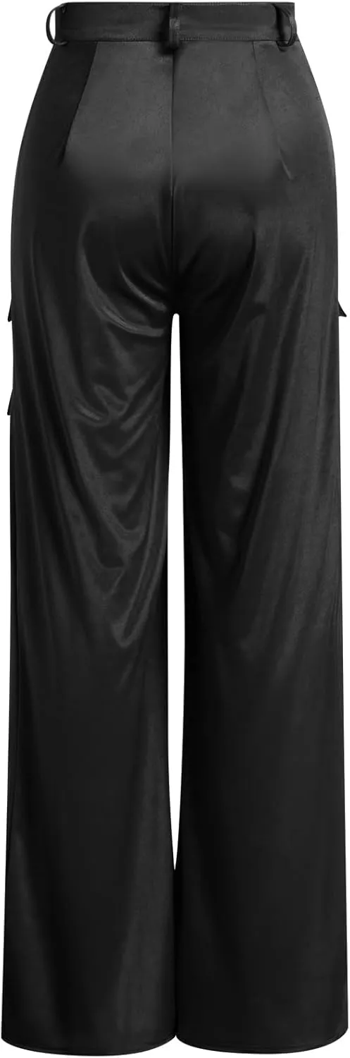 ODIZLI Satin Cargo Pants for Women High Waisted Wide Leg Trousers Multiple Pockets Y2K Streetwear Hip Hop Baggy Pants