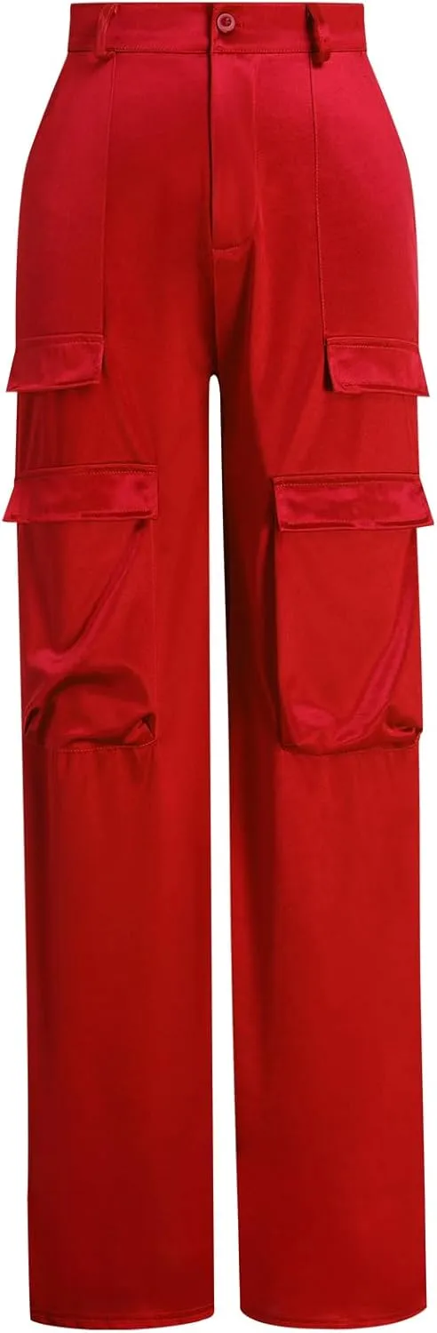ODIZLI Satin Cargo Pants for Women High Waisted Wide Leg Trousers Multiple Pockets Y2K Streetwear Hip Hop Baggy Pants