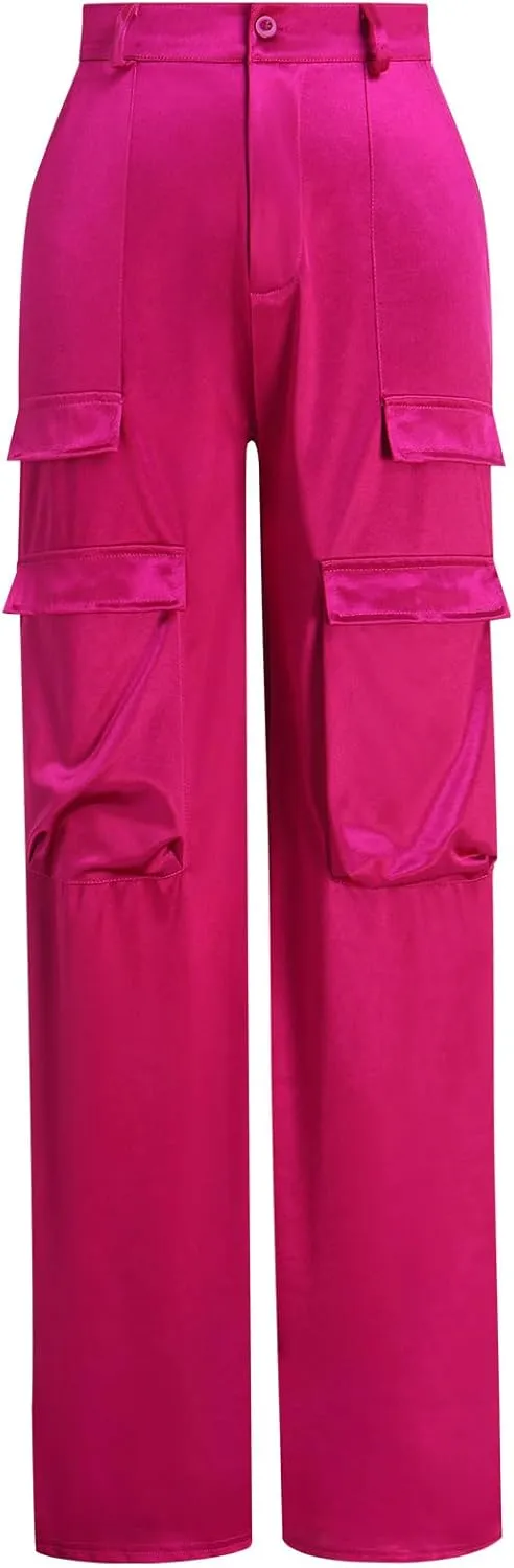ODIZLI Satin Cargo Pants for Women High Waisted Wide Leg Trousers Multiple Pockets Y2K Streetwear Hip Hop Baggy Pants