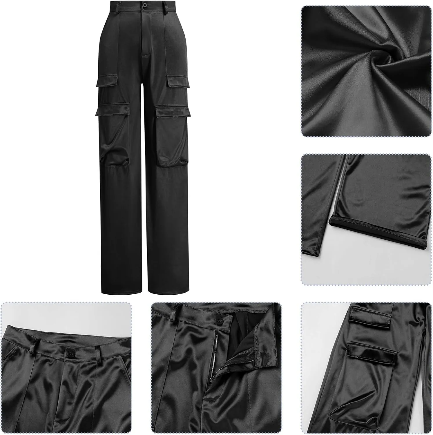 ODIZLI Satin Cargo Pants for Women High Waisted Wide Leg Trousers Multiple Pockets Y2K Streetwear Hip Hop Baggy Pants