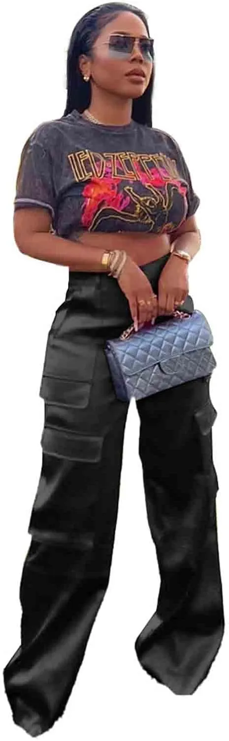 ODIZLI Satin Cargo Pants for Women High Waisted Wide Leg Trousers Multiple Pockets Y2K Streetwear Hip Hop Baggy Pants