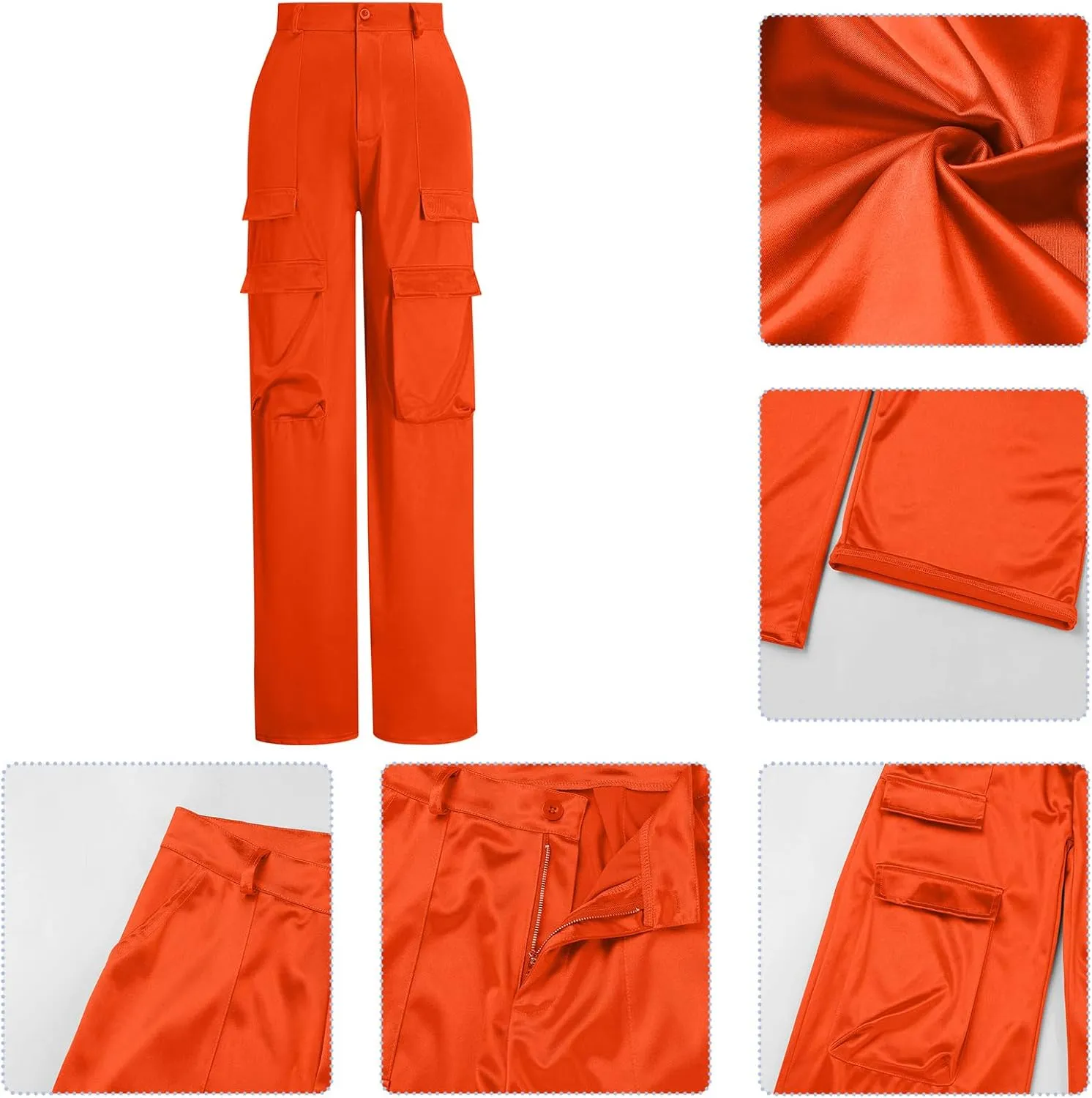 ODIZLI Satin Cargo Pants for Women High Waisted Wide Leg Trousers Multiple Pockets Y2K Streetwear Hip Hop Baggy Pants