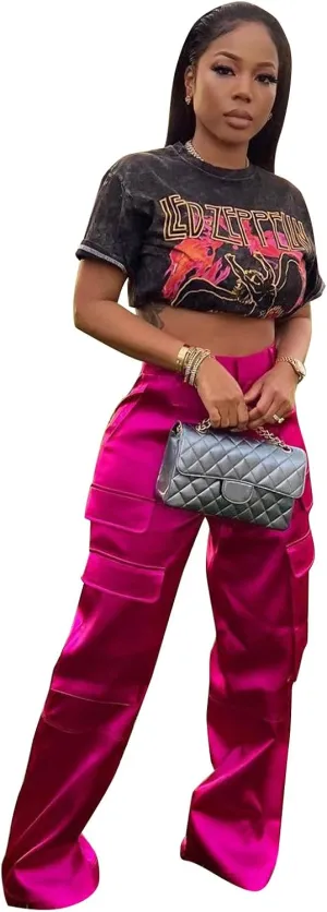 ODIZLI Satin Cargo Pants for Women High Waisted Wide Leg Trousers Multiple Pockets Y2K Streetwear Hip Hop Baggy Pants
