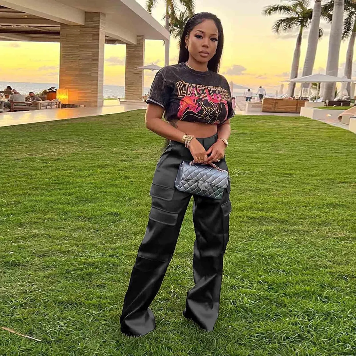 ODIZLI Satin Cargo Pants for Women High Waisted Wide Leg Trousers Multiple Pockets Y2K Streetwear Hip Hop Baggy Pants