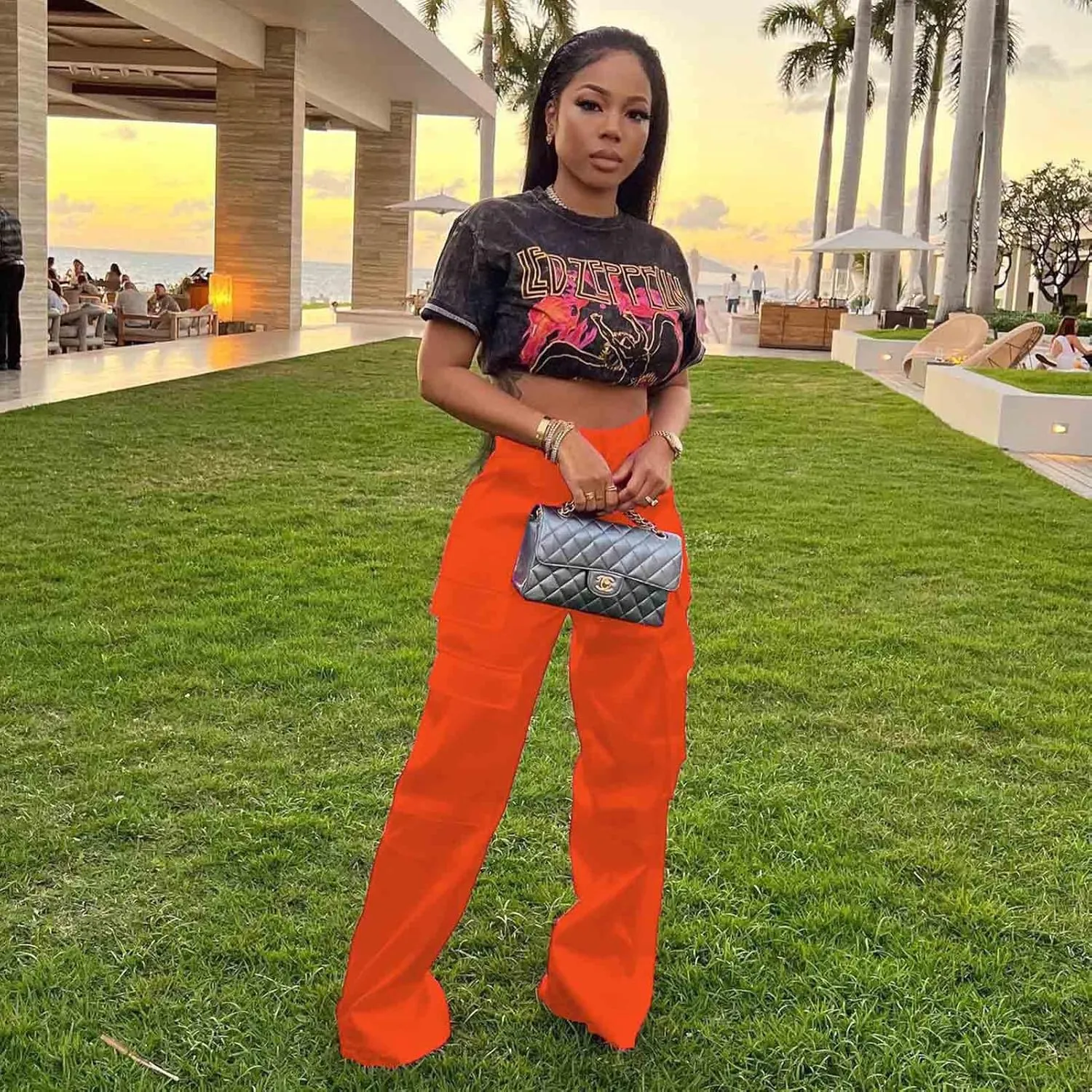 ODIZLI Satin Cargo Pants for Women High Waisted Wide Leg Trousers Multiple Pockets Y2K Streetwear Hip Hop Baggy Pants