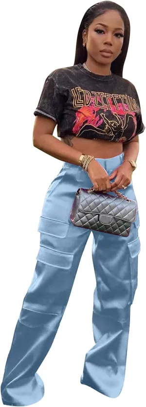 ODIZLI Satin Cargo Pants for Women High Waisted Wide Leg Trousers Multiple Pockets Y2K Streetwear Hip Hop Baggy Pants