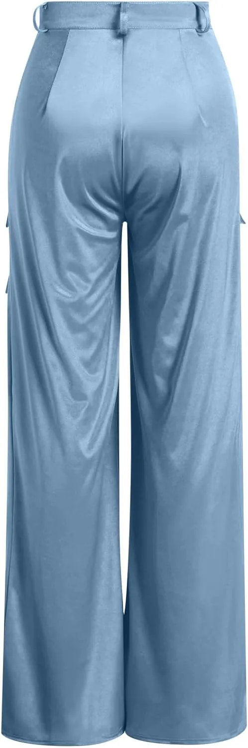 ODIZLI Satin Cargo Pants for Women High Waisted Wide Leg Trousers Multiple Pockets Y2K Streetwear Hip Hop Baggy Pants