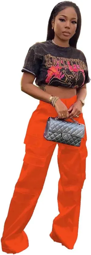 ODIZLI Satin Cargo Pants for Women High Waisted Wide Leg Trousers Multiple Pockets Y2K Streetwear Hip Hop Baggy Pants