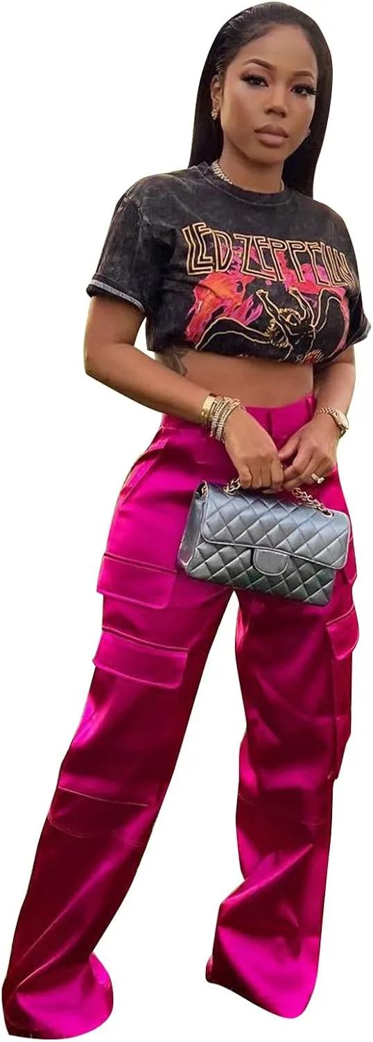 ODIZLI Satin Cargo Pants for Women High Waisted Wide Leg Trousers Multiple Pockets Y2K Streetwear Hip Hop Baggy Pants