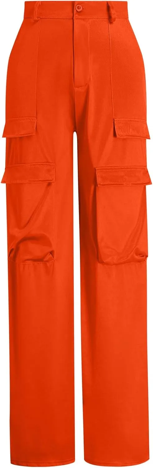 ODIZLI Satin Cargo Pants for Women High Waisted Wide Leg Trousers Multiple Pockets Y2K Streetwear Hip Hop Baggy Pants