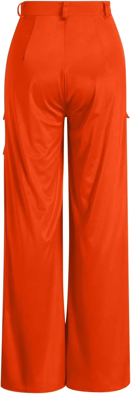 ODIZLI Satin Cargo Pants for Women High Waisted Wide Leg Trousers Multiple Pockets Y2K Streetwear Hip Hop Baggy Pants