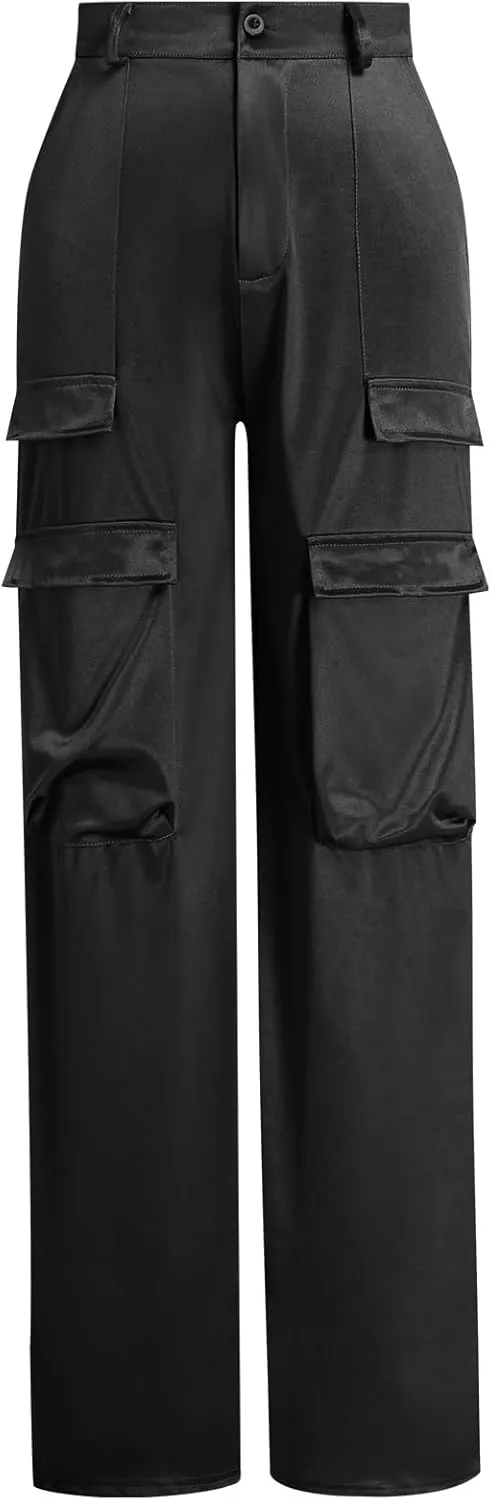 ODIZLI Satin Cargo Pants for Women High Waisted Wide Leg Trousers Multiple Pockets Y2K Streetwear Hip Hop Baggy Pants